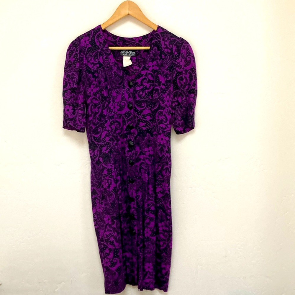 Vintage 80s/90s All That Jazz Purple Rayon Dress Sz S-M